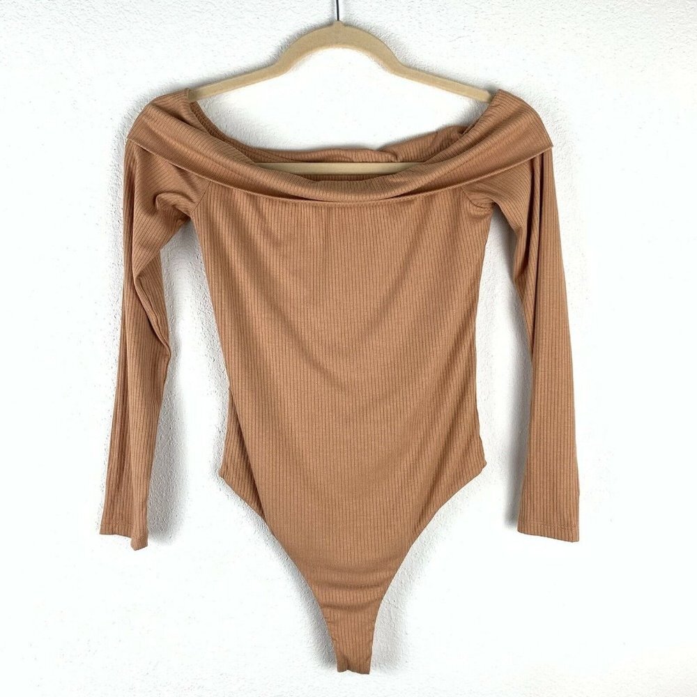 Privacy Please Women's XS Off The Shoulder Ribbed Bodysuit Top Terracotta Orange